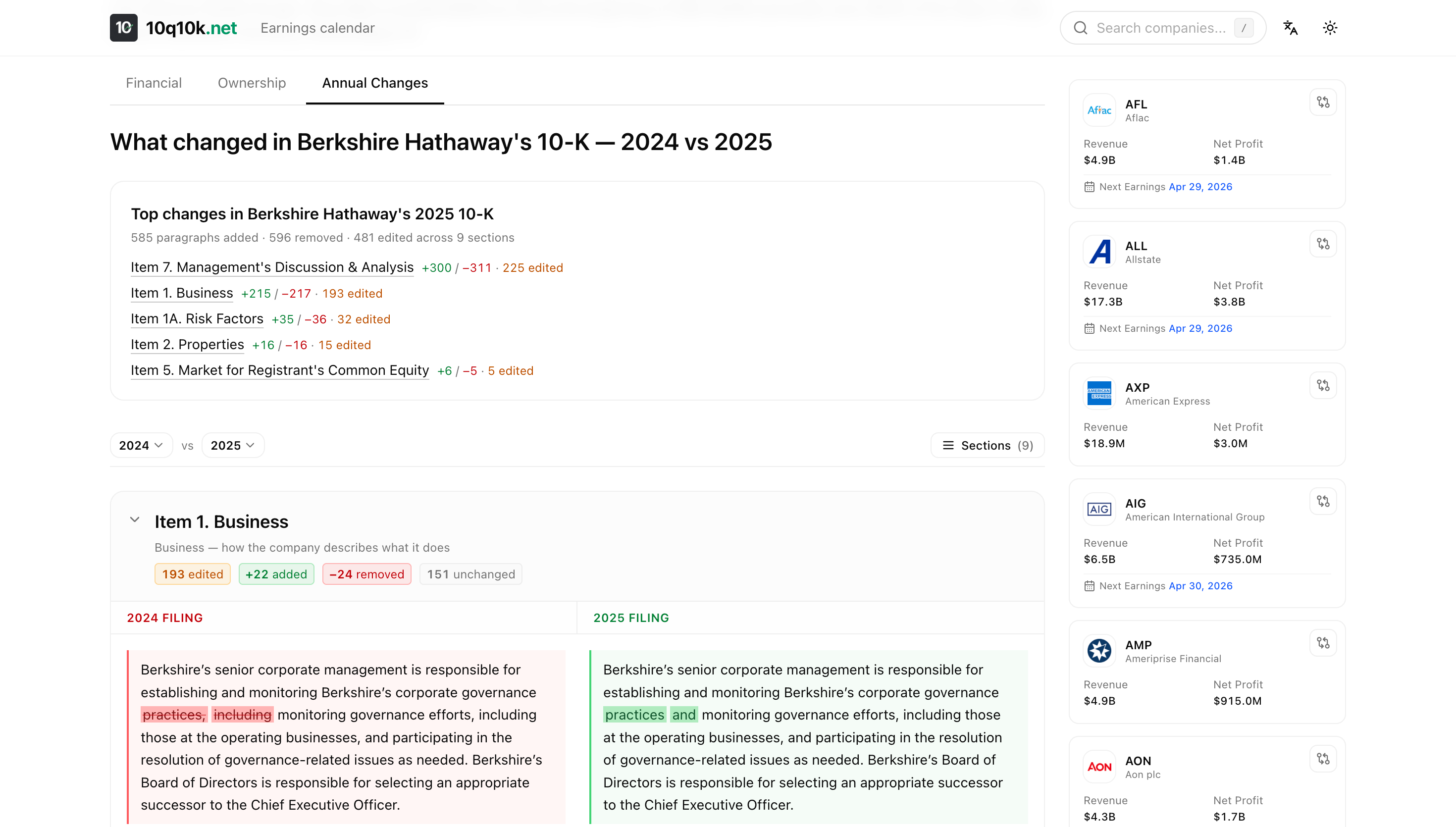 Berkshire Hathaway 2024 versus 2025 annual report diff